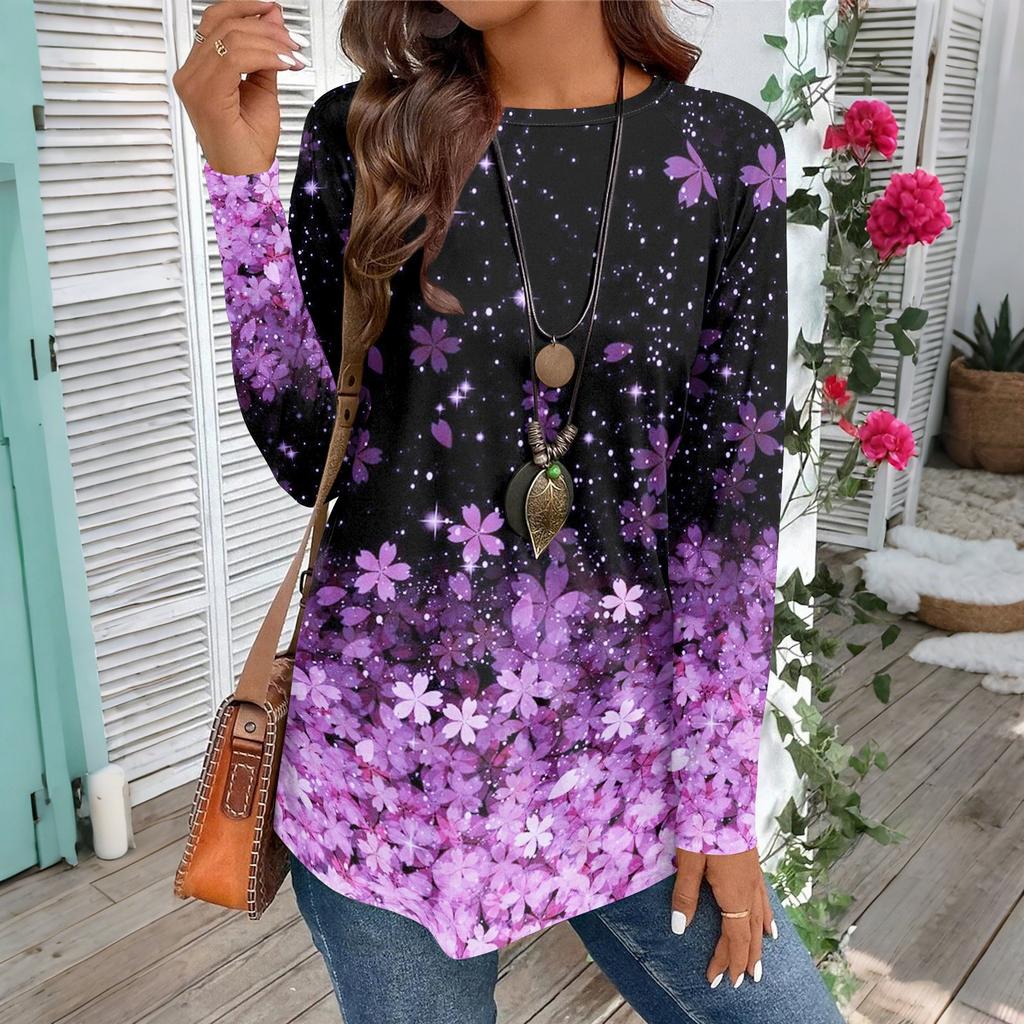 Women's Casual Plus SizeLong Sleeved Round Neck Vintage Ethnic Printing T-shirt Top Pullover