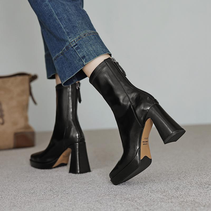 Krazing Pot Microfiber Autumn Winter Shoes Thick High Heels Platform Boots Square Toe Keep Warm Zipper Ankle Boots