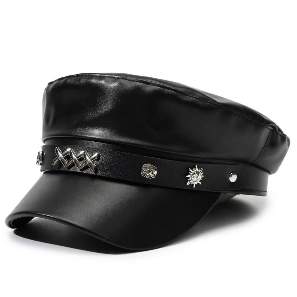 Black Painter Hat PU Leather Newsboy Cap Retro Beret Hat