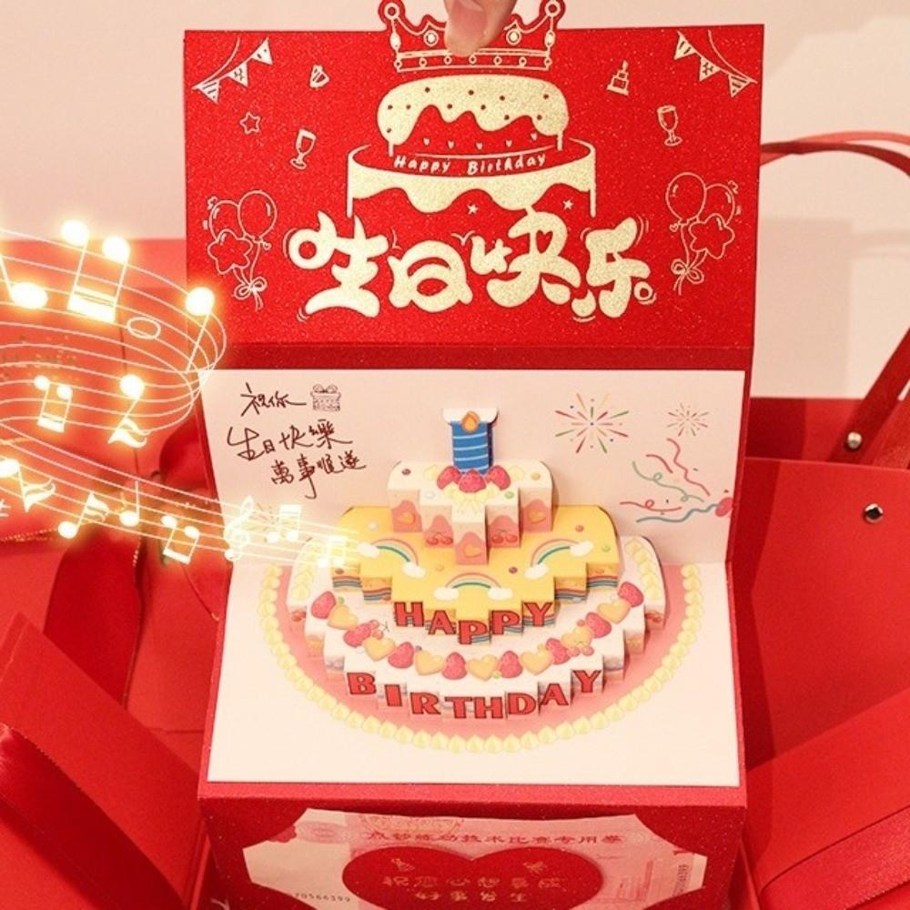 Folding 3D Birthday Red Envelope 6/8/10/18 Cards Cake Greeting Card Money Bag Family Gathering