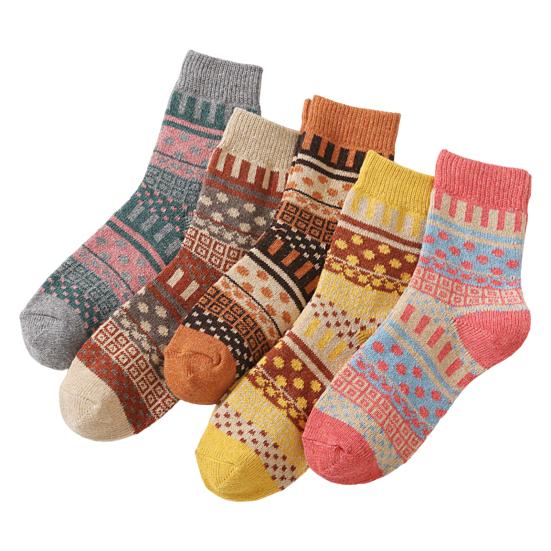 5 Pairs Winter Warm Crew Socks for Women Thick Mid-Calf Knitted Socks Retro Ethnic Style Socks for Christmas Gifts