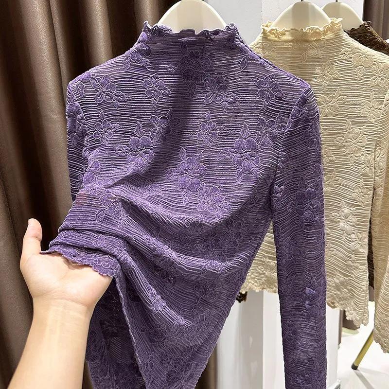 Пуловеры Топы Женские Длинные Рукава Осень Зима Блузка с Подкладкой Оверсайз Полувысокий Воротник Свободная Рубашка с Длинным Рукавом Приталенные Пуловеры Топы