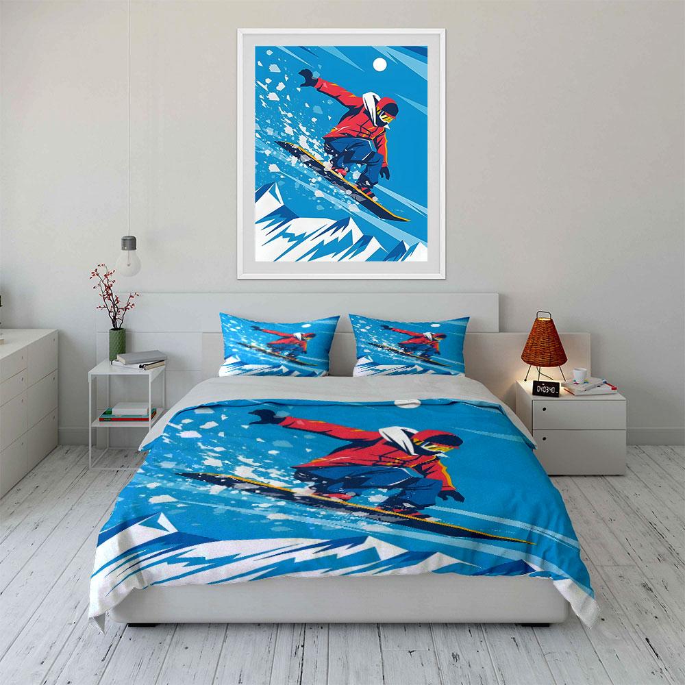 Snowboarder amid snowy landscape. Bedding sets Duvet cover sets Duvet covers Pillowcases(1 * Duvet Cover 2 * Pillowcases without duvet insert)