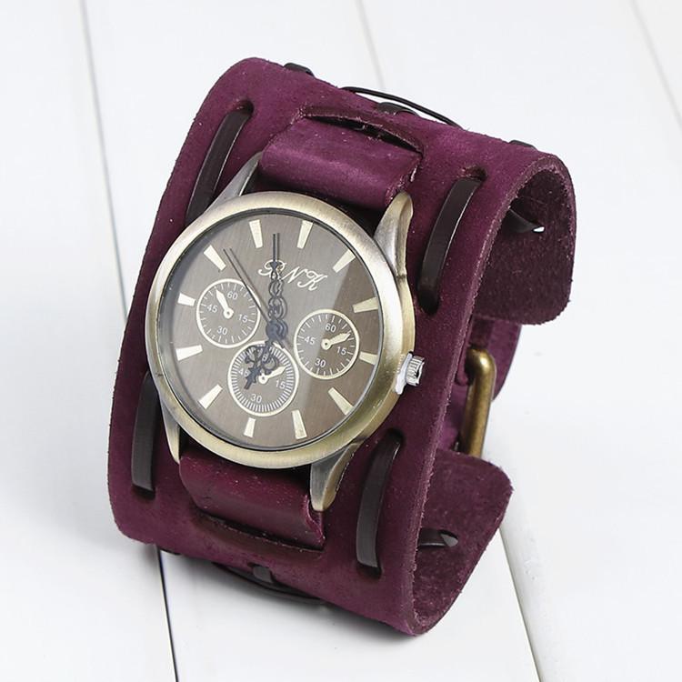 Мужские ретро кварцевые часы с широким ремешком из натуральной кожи