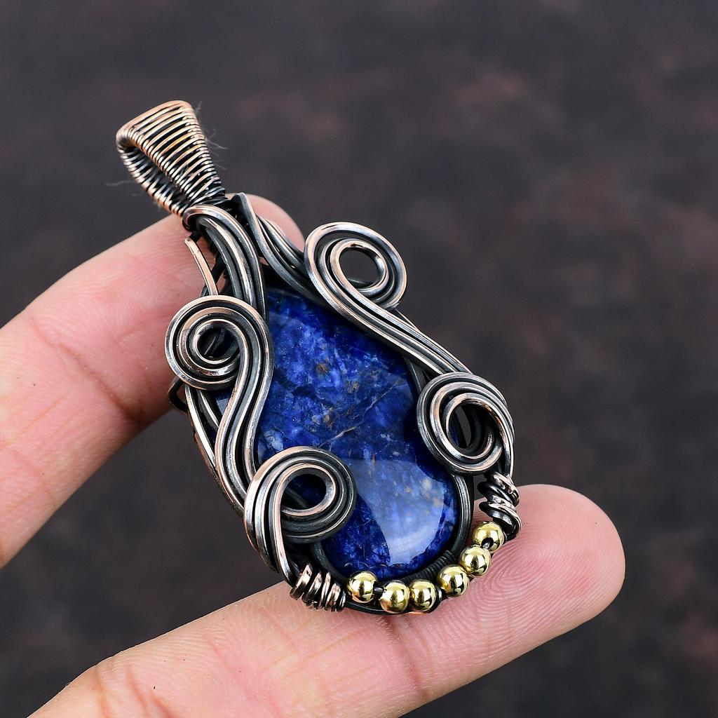 Подвеска из камня содалит Медная проволока обернута Подвеска Уникальное медное украшение Изящная подвеска Украшения из проволоки Ручная работа Подвеска Подарок для женщин
