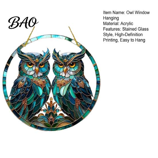 Creative Housewarming Gift Double Owl Suncatcher Window Hanging Ornament, Stained Glass Style Circular Wall Bird Decoration Decor, Green Art for Home
