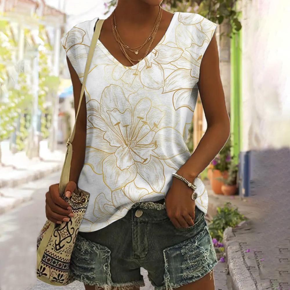 Летний женский жилет, свободный топ без рукавов, футболка с цветочным узором, модный V-образный вырез, короткий рукав, большой размер, повседневный жилет, женская одежда
