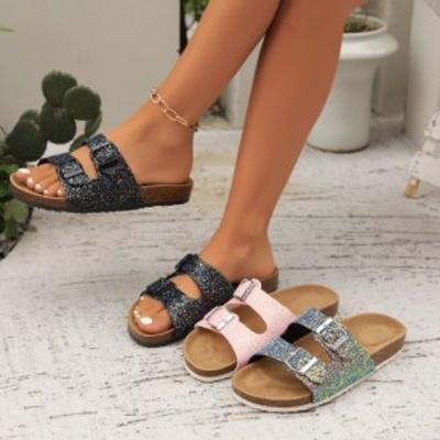 Женские сандалии с пайетками 2024 года, новые летние тапочки в стиле ретро с пряжкой на ремне, модные повседневные сандалии с открытым носком, женские