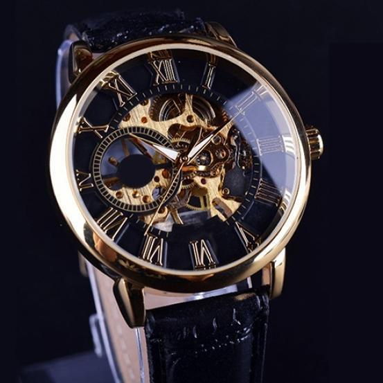 Forsining 3d Logo Design Hollow Engraving Black Gold Case Leather Skeleton Mechanical Watches Men Luxury Brand Heren Horloge