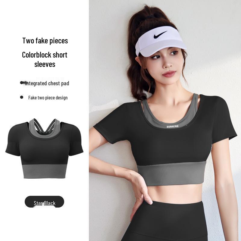 Women's Color Block Two-Piece Short Sleeve Quick-Dry Sports Yoga Top