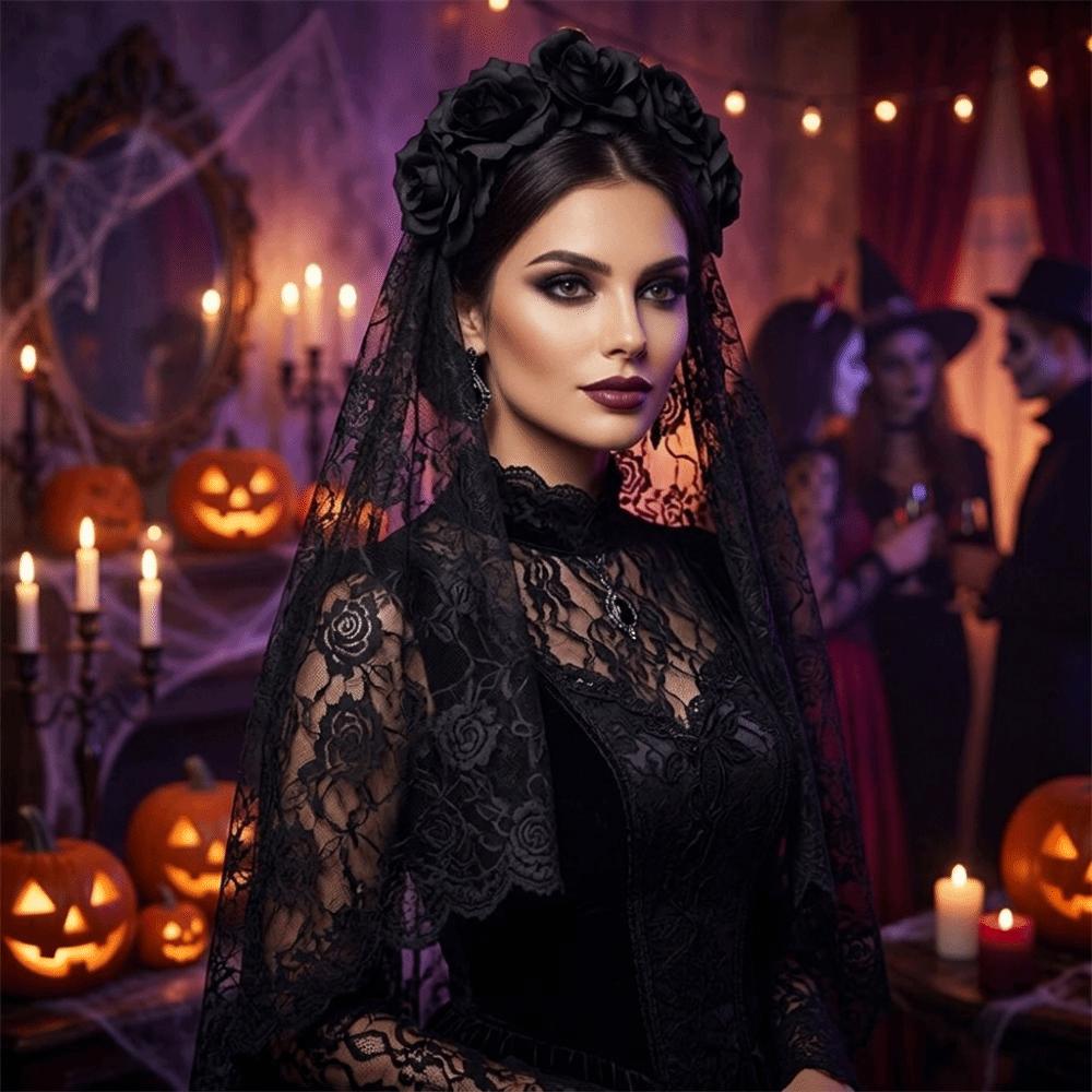 Lace Mesh Ghost Bride Headband Gothic Halloween Rose Headband Day Of The Dead