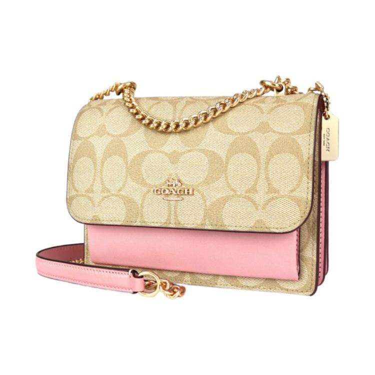 COACH Klare Coated Canvas With Leather Shoulder Bag, Crossbody Bag Small Womens Khaki Pink