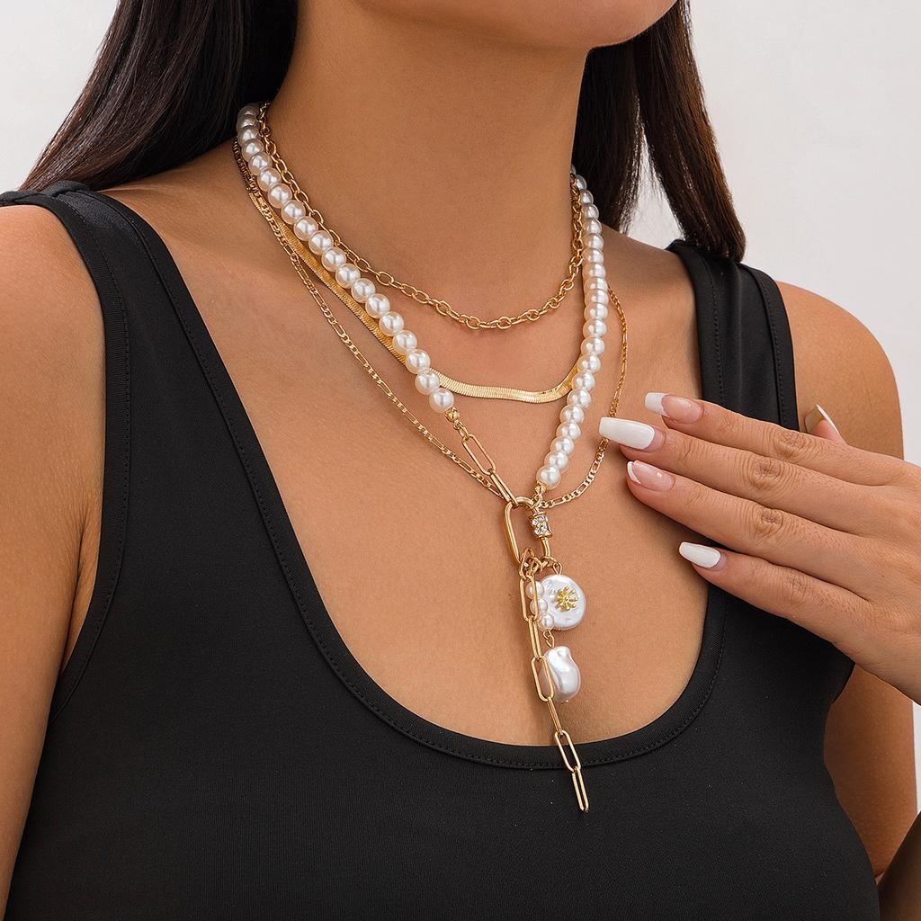 Винтажное ожерелье с подвеской из искусственного жемчуга на ключицу, многослойная золотая цепочка, колье-чокер, аксессуары с подвесками, ювелирные изделия