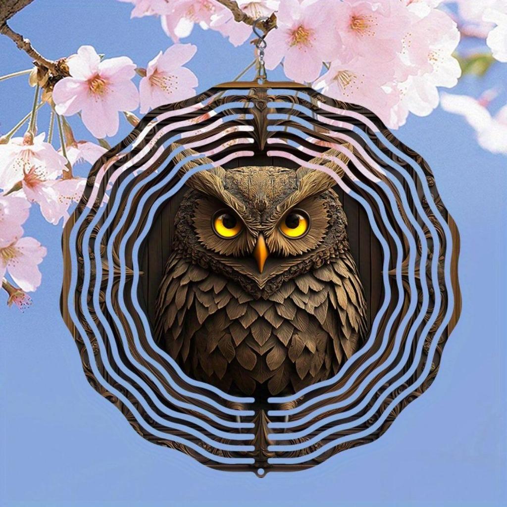 Laser Cut Metal Wind Spinner 3D Mandala Owl Design Outdoor Garden Decor Hanging Sculpture with Holographic Effect Creative Gift