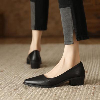 Модные женские туфли-лодочки с острым носком и неглубоким вырезом, кожаные туфли, женские элегантные модные однотонные туфли на толстом среднем каблуке, туфли для платья для женщин