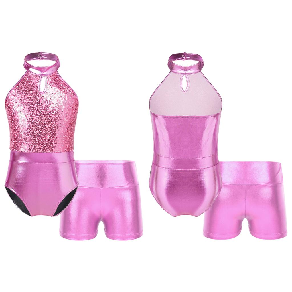 Детский лоскутный купальник без рукавов для девочек с блестящими пайетками и шортами для соревнований по танцевальной гимнастике