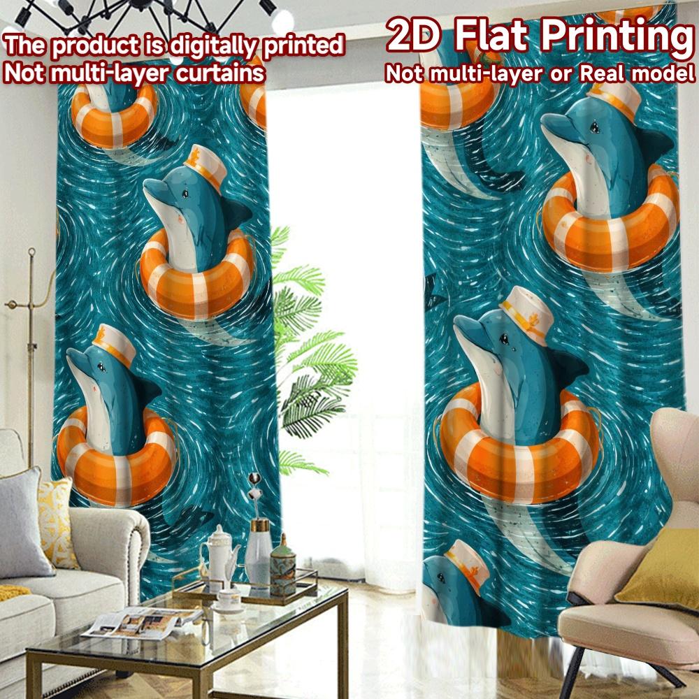 2D FLAT PRINTING 2pcs Curtains (Without Rod) Playful Dolphins in Water Chic Creative Curtains Durable 100% Polyester Fabric