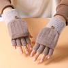 Women's Winter Knitted Half Finger Gloves with Cute Flap - Warm Velvet Wool, Perfect for Students Writing.