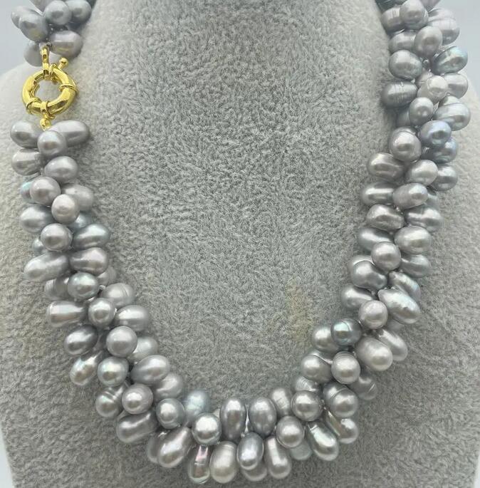 BEAUTIFUL 3row 17 Baroque Gray Keshi Reborn Pearl Necklace