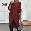 Women Fall Winter Dress Irregular Split Hem Knitted Loose Soft Thick Warm Long Sleeve Solid Color Mid Length Sweater Dress