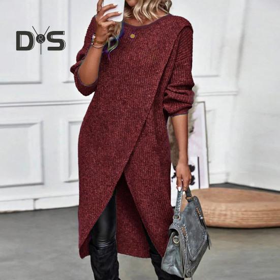 Women Fall Winter Dress Irregular Split Hem Knitted Loose Soft Thick Warm Long Sleeve Solid Color Mid Length Sweater Dress