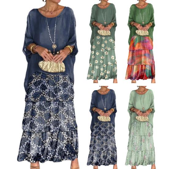 Summer Spring Women Dress Three Quarter Dolman Sleeve Fake Two-piece Multi-layer Hem Loose O Neck Printed Loose Chiffon Mesh Daily Party Maxi Dress