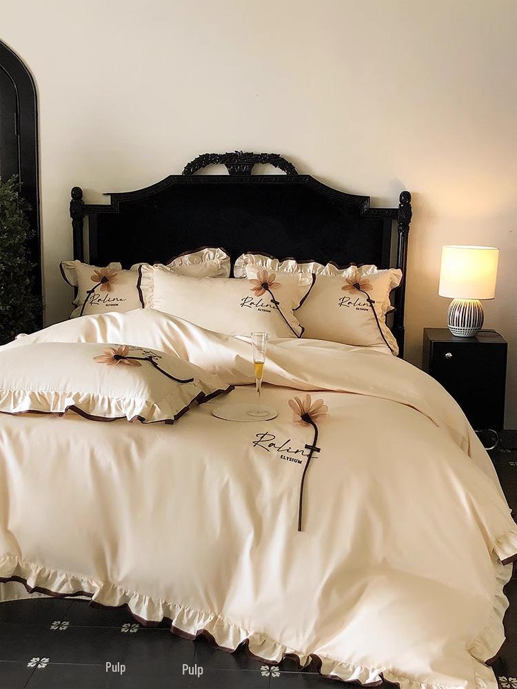 Retro Princess Cotton Lace Duvet Set - All-Season Bedding, 4-Piece