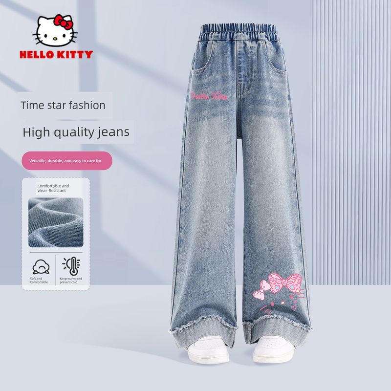 Hello Kitty Girls' Jeans Spring and Autumn 2026 New Style Children's Pants Fashionable Trendy Children's Clothing Spring Wear
