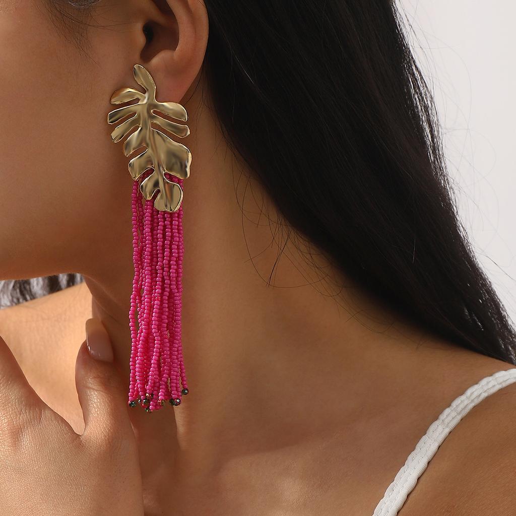 Женские Модные Бохо Ручной Работы Стеклярус Бисер Рисовый Бисер Кисточка Длинные Серьги Креативные Сплав Лист Серьги Украшения