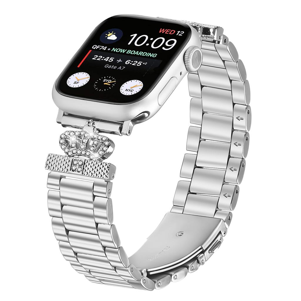Stainless Steel Strap for Apple Watch Series 10 Ultra 9 8 7 SE 6 5 4 3 2 1 46mm 49mm 45mm 44mm 42mm Crown Shape Rhinestone Decor Silver Watch Band