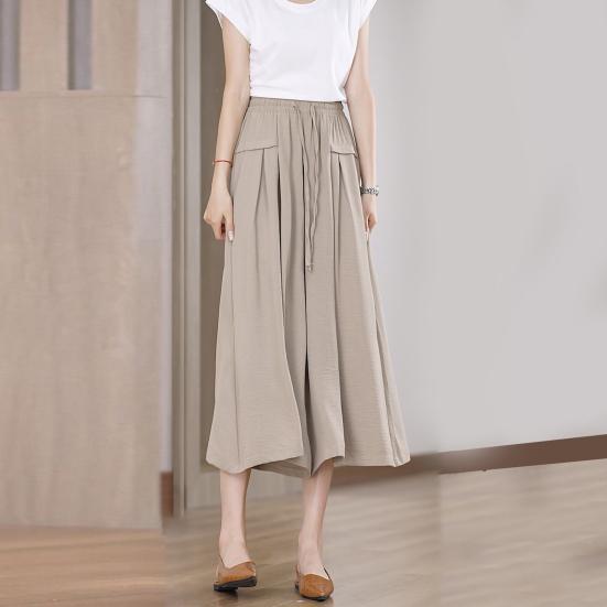 Женские укороченные брюки, однотонные, широкие, с эластичной резинкой на талии, повседневные брюки с карманами, свободные брюки для повседневной носки