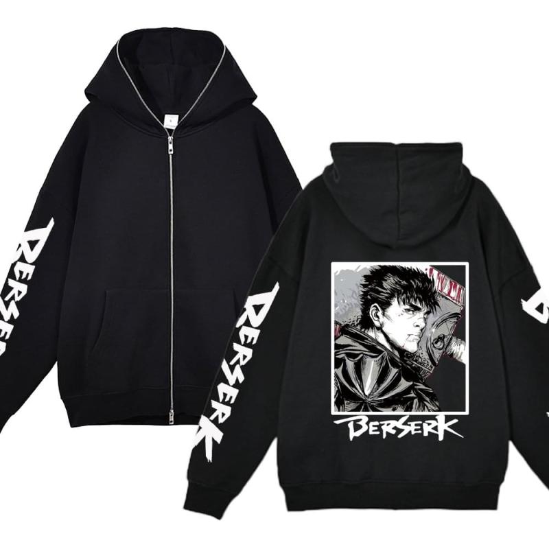 Куртки с капюшоном Berserk, толстовки с капюшоном на молнии в стиле аниме, повседневная флисовая толстовка большого размера, свободная уличная одежда в стиле хип-хоп, куртка на молнии, пальто