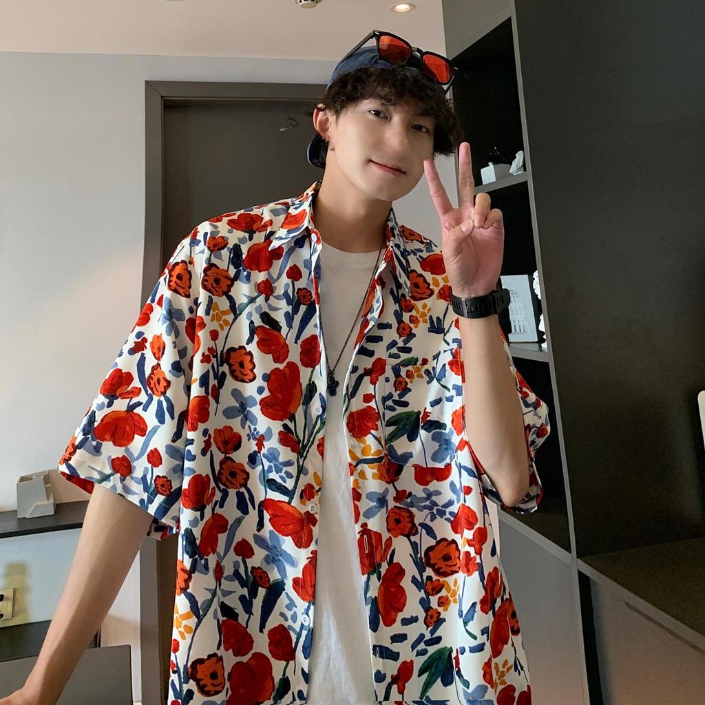 Мужская рубашка с коротким рукавом в гавайском цветочном стиле — модная, легкая, высококачественный дизайн в гонконгском стиле