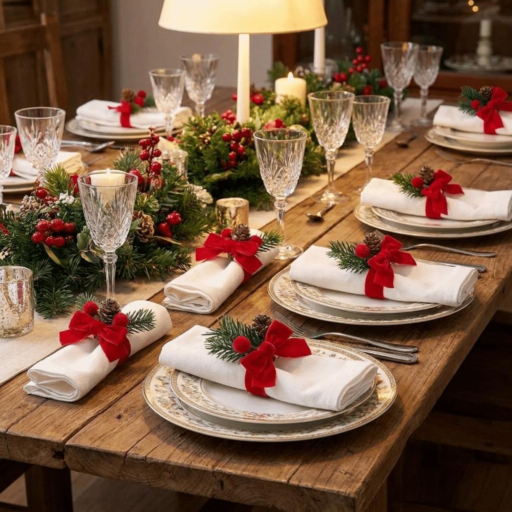 6PCS Pinecone Red Bow Napkin Rings Artificial Berry Napkin Holders Holiday Dinner Party