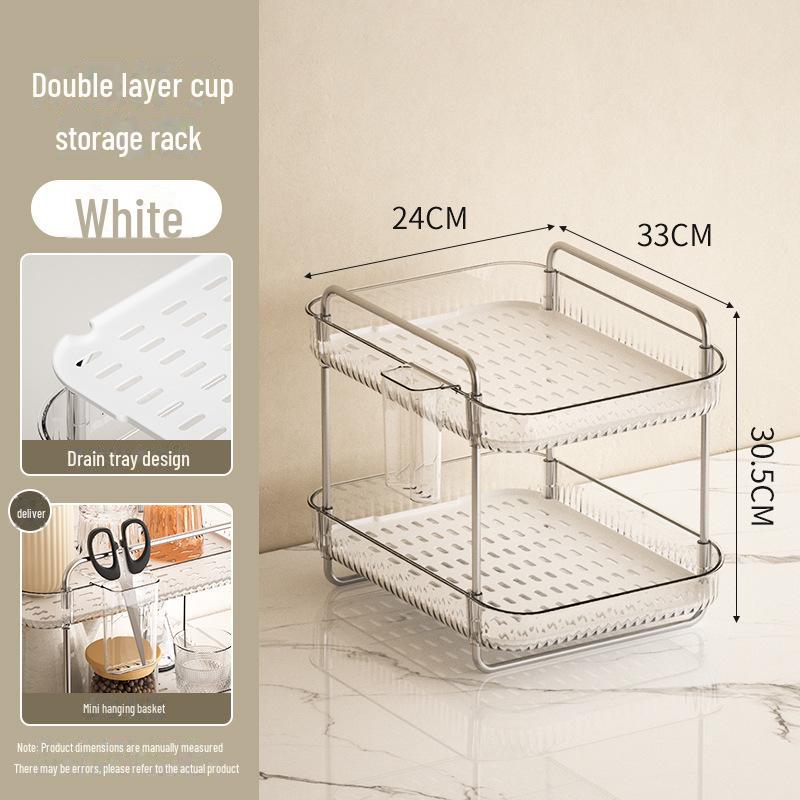 Transparent PET Plastic Desktop Cup Storage and Drain Rack - Two-Layer Multi-Purpose Hanging Basket.