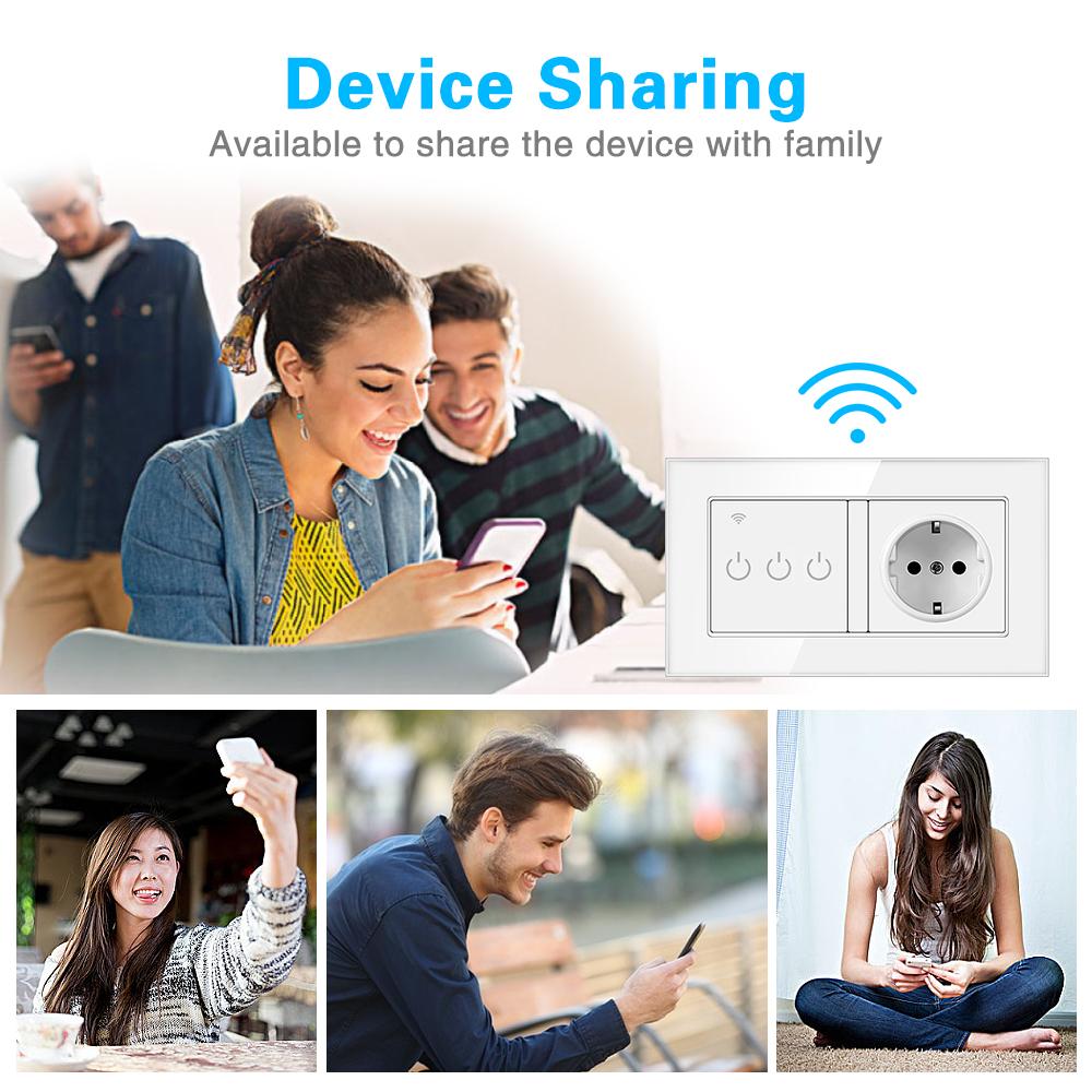 Смарт-сенсорный переключатель европейского стандарта с USB-розеткой, панель из закаленного хрустального стекла, вилка выключателя 220 В, работает с Smart Life Tuya