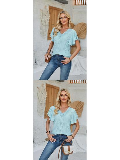 Spring/Summer Women's Lace V-Neck Ruffle Sleeve Loose T-Shirt