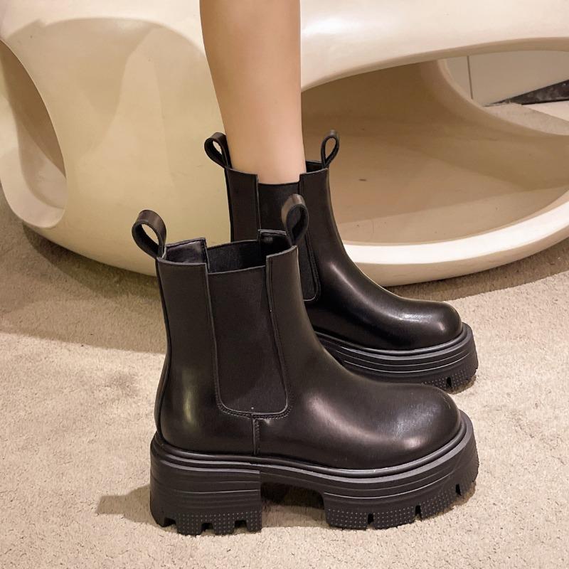 Женские сапоги на толстой подошве в английском стиле 2024 года, осень/зима, новые сапоги-дымоходы на толстом каблуке, ботинки челси, короткие сапоги