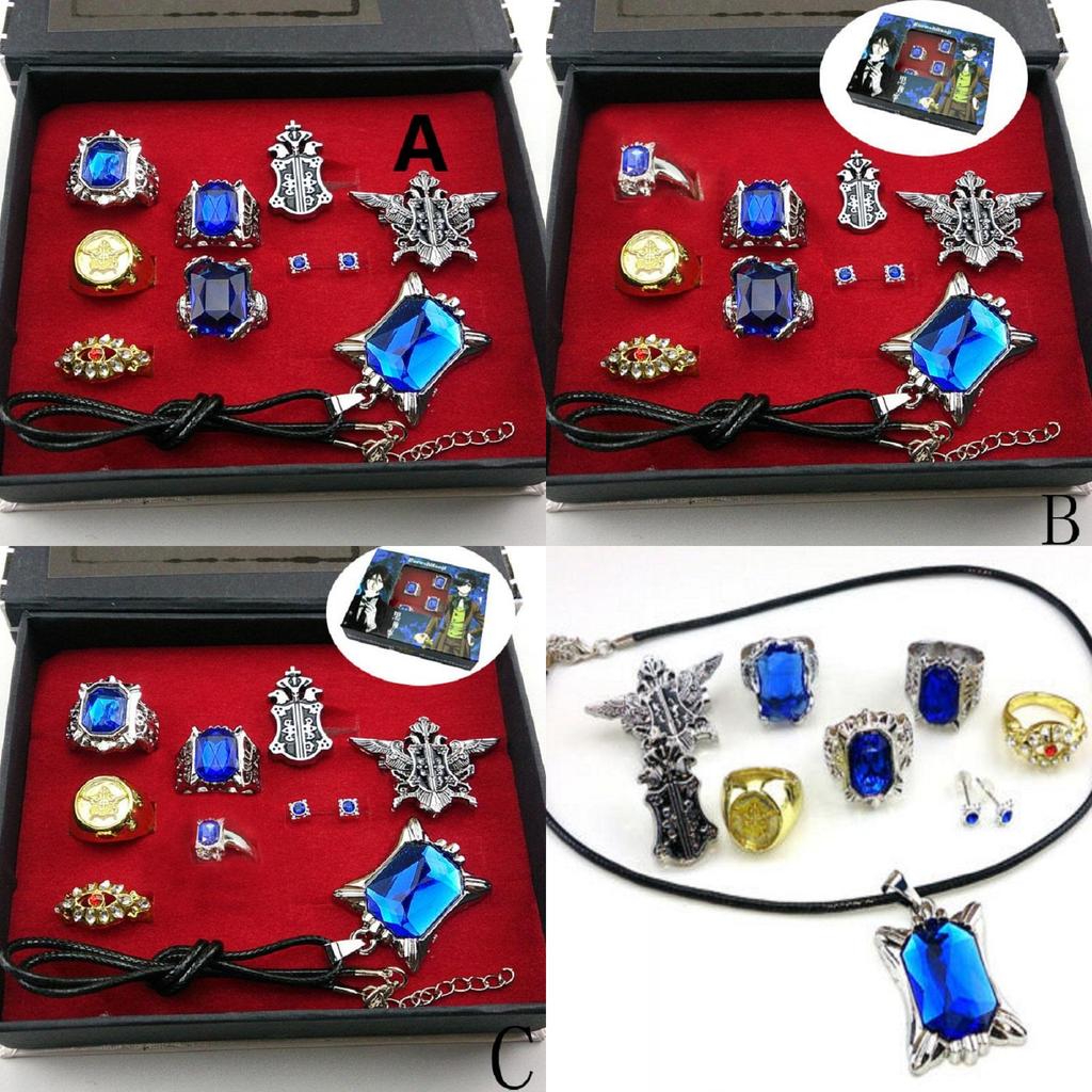Stunning Black Butler Kuroshitsuji Ciel Phantomhive Cosplay Rings Necklace And Ear-nail Set For Fashion Enthusiasts