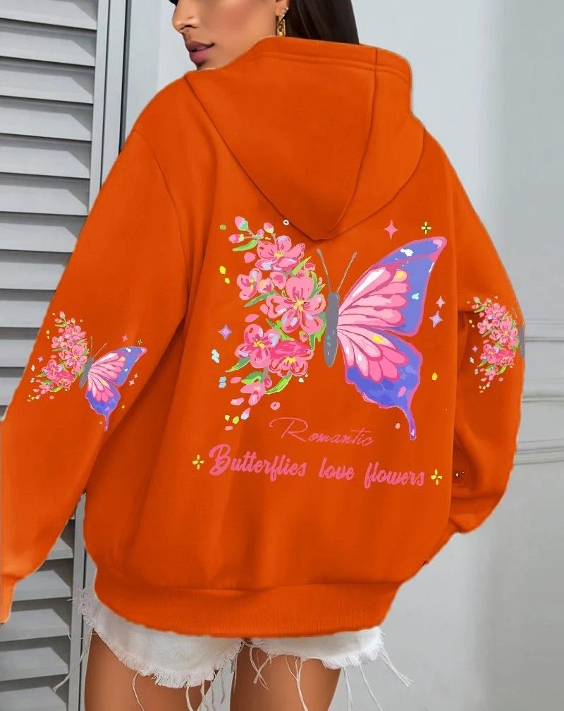 Farfalle Amore Fiori Print Women'S Hoodie Fall Loose Casual Pocket Fleece Jumper