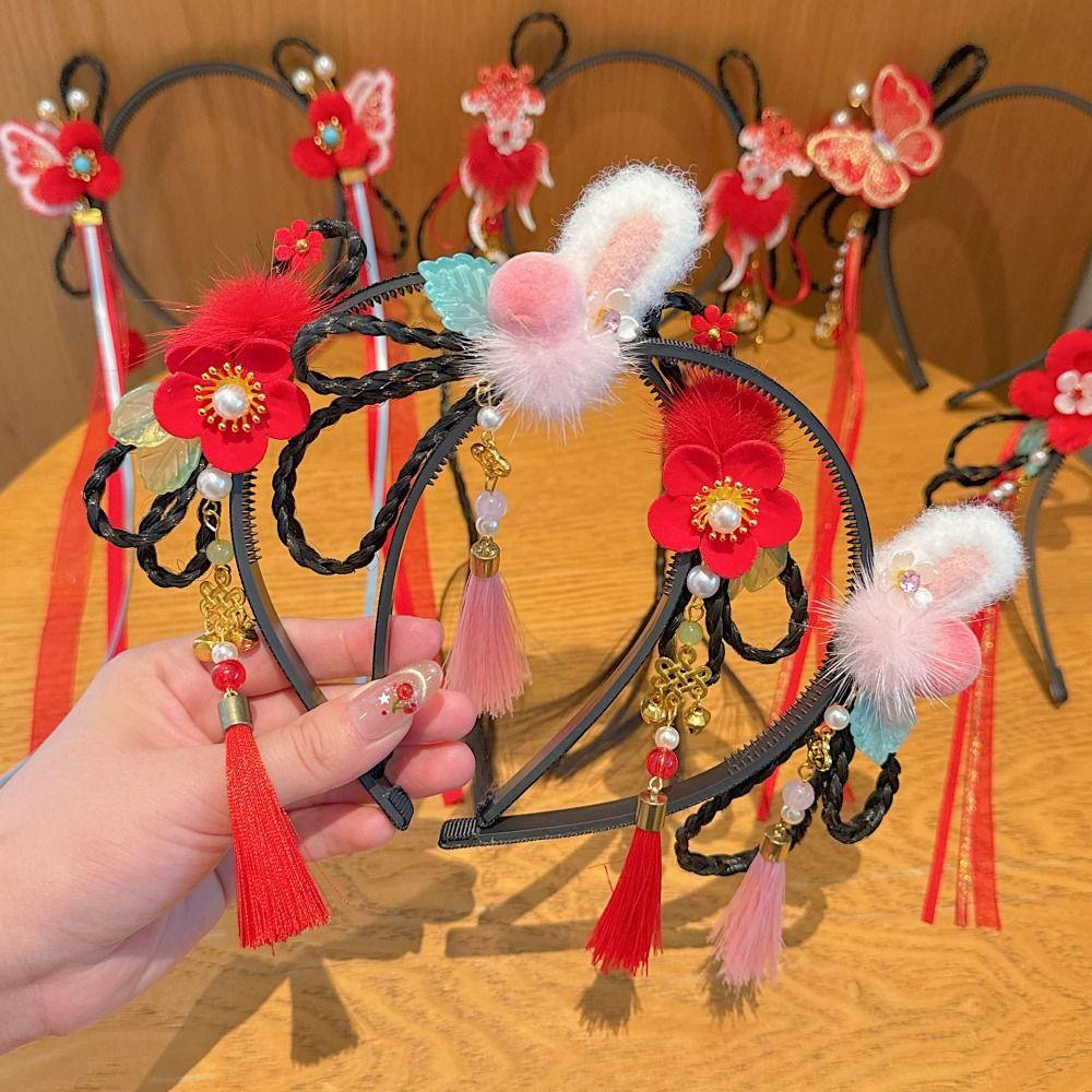Flower Children Wig Headband Butterfly Hanfu Headwear Lovely Chinese New Year Headwear Daily