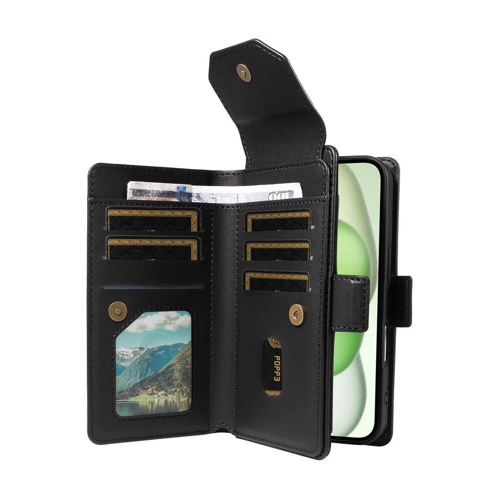 For iPhone 15 Case with Multi-Card Holder and Strap PU Leather Phone Cover Stand
