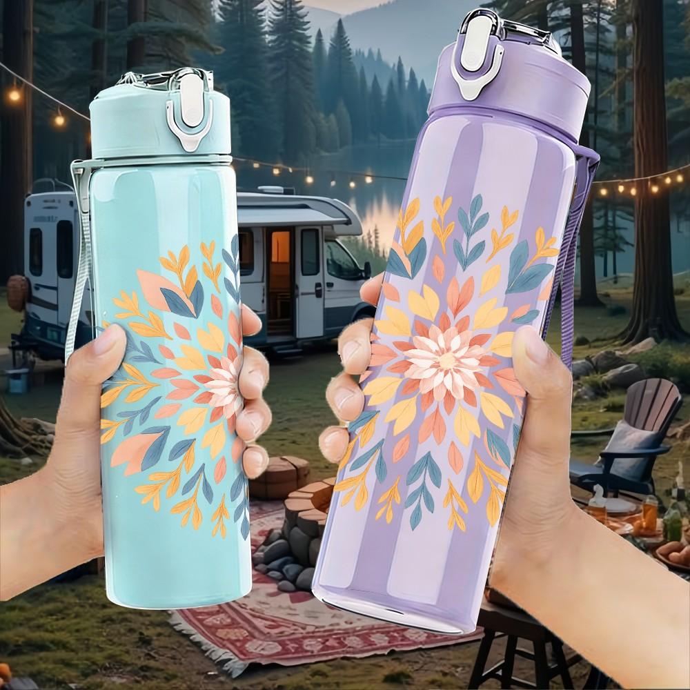 1PC Mandala Floral Circle Art 750ml Color Plastic Sports Water Bottle Leakproof Flip Straw Lid Suitable for Sports Office Home Use