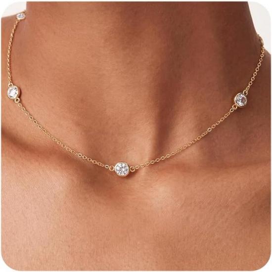 Tewiky Dainty 14k Gold Plated/Silver Cubic Zirconia Necklaces for Women | Simple CZ Jewelry Necklaces Trendy Gifts