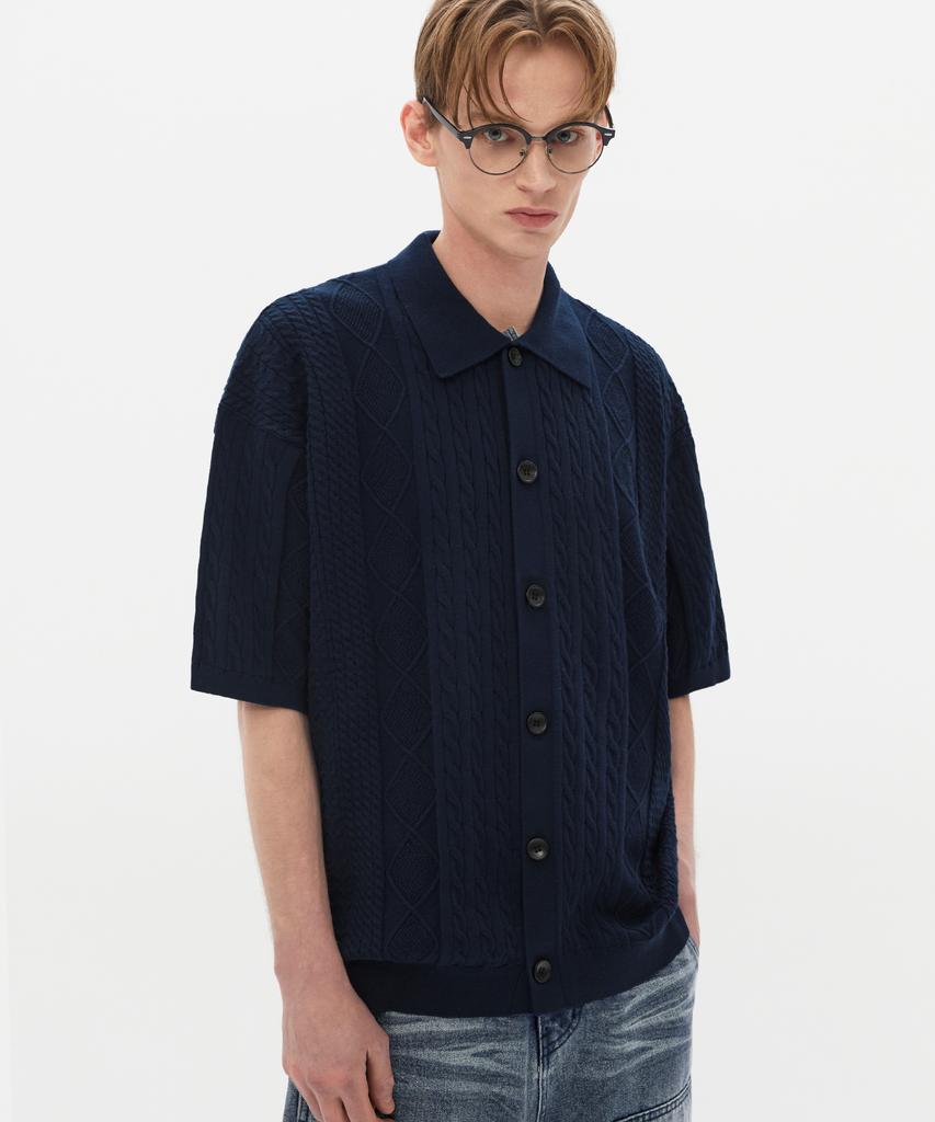 TRILLION Washable Cable Half Sleeve Button-Up Knit (Navy)