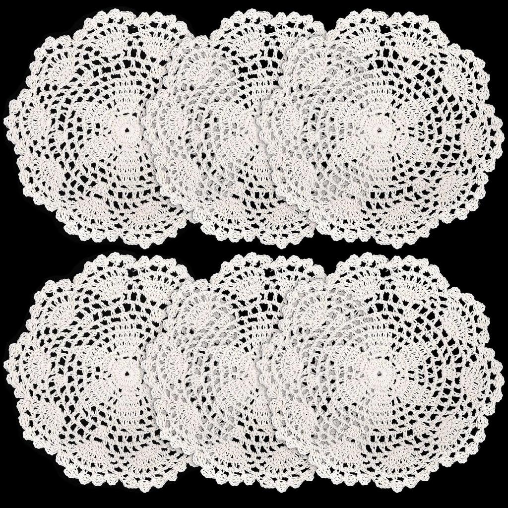 6 Pcs 8 Inch Beige Crochet Doilies, Round Cotton Lace Handmade Placemats & Coasters for Rustic Table Decor, Kitchen Dining Wedding Party