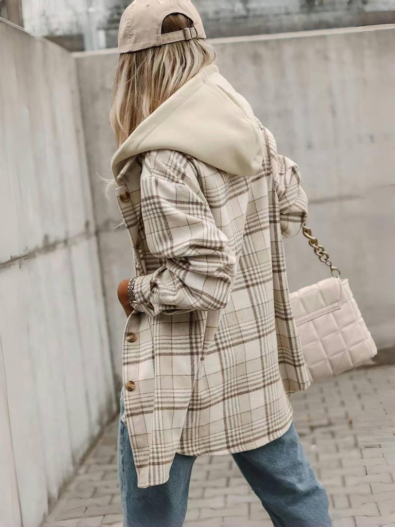 Повседневная клетчатая куртка-рубашка с капюшоном в стиле кросс-бордер - Осень/Зима, Съемный капюшон, Застежка на пуговицах, Свободный крой с карманом.