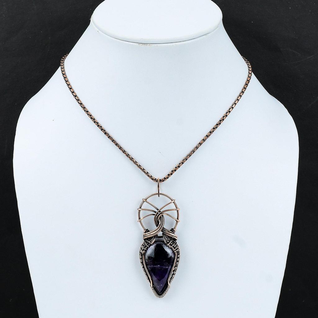 Подвеска из шевронного аметиста, обернутая медной проволокой, Элегантная подвеска, Подвеска с драгоценным камнем, Украшения в технике wire wrap, Подарок для нее, Медные украшения ручной работы