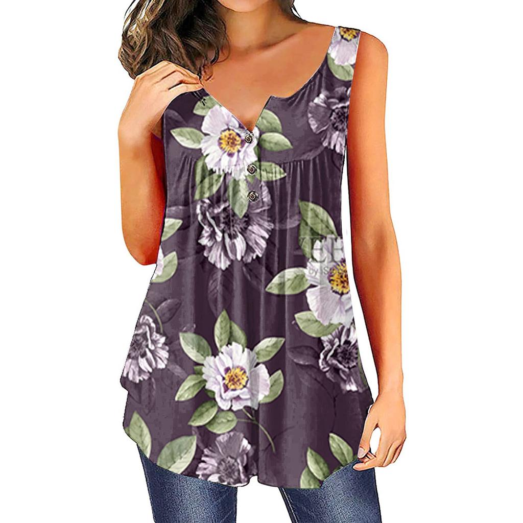 (SU)Женская мода с цветочным принтом плиссированная повседневная футболка без рукавов жилет на пуговицах