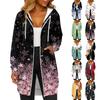 Women's Fashionable Printed Long Sleeved Drawstring Hooded Zipper Pocket Long Casual Sweatshirt Jacket